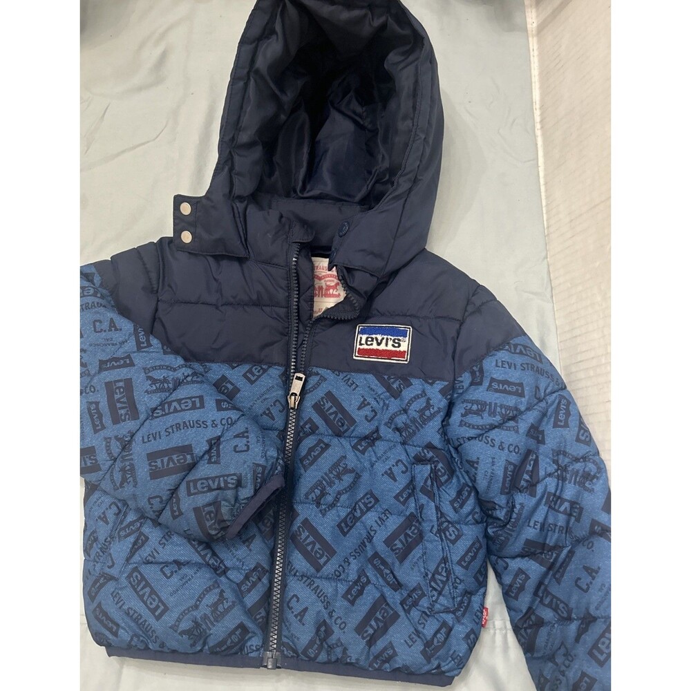 Levi's Logo Boys Puffer Hooded Water Resistant Jacket White Blue Sz 3T